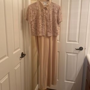 Long dress, sleeves/tank style. Short sleeve lace jacket. Size 8. Tan/gold color